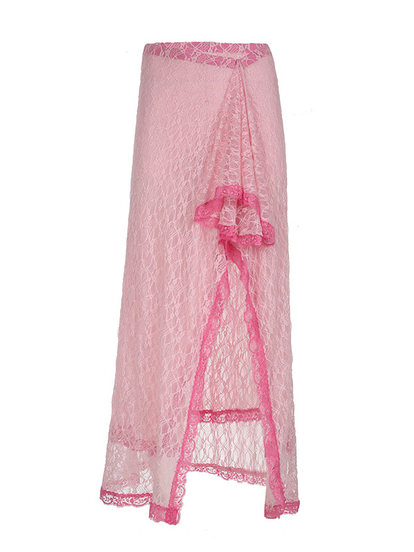 Lace Multi-Layered Casual Irregular Edge Skirt In Pink