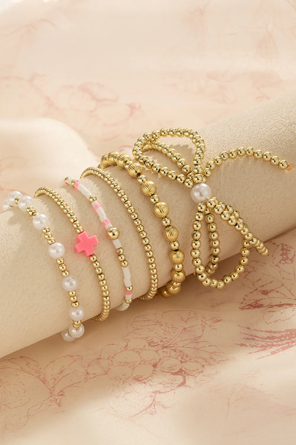 Gold Bow Knot Pearl Decor Beaded Plated Layered Bracelet