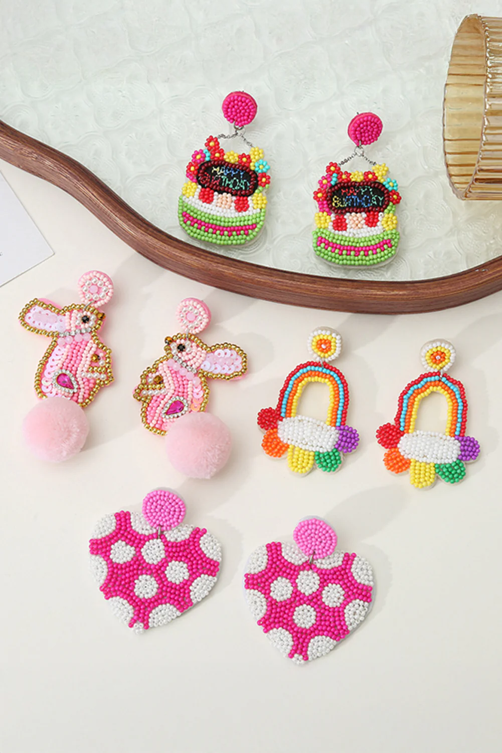 Pink Beaded Easter Bunny Fluff Stud Dangle Earrings