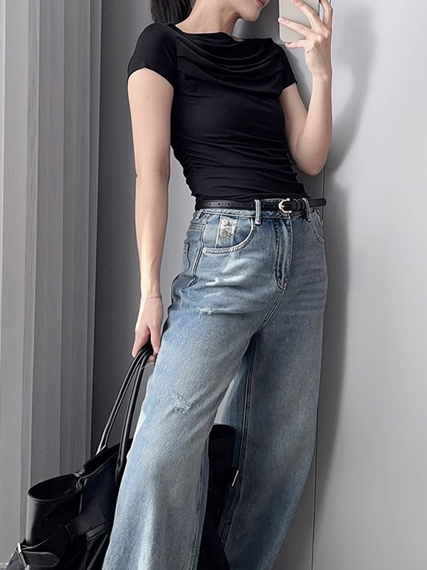 Pleated Solid Color Loose Short Sleeves Boat Neck T-Shirts Tops