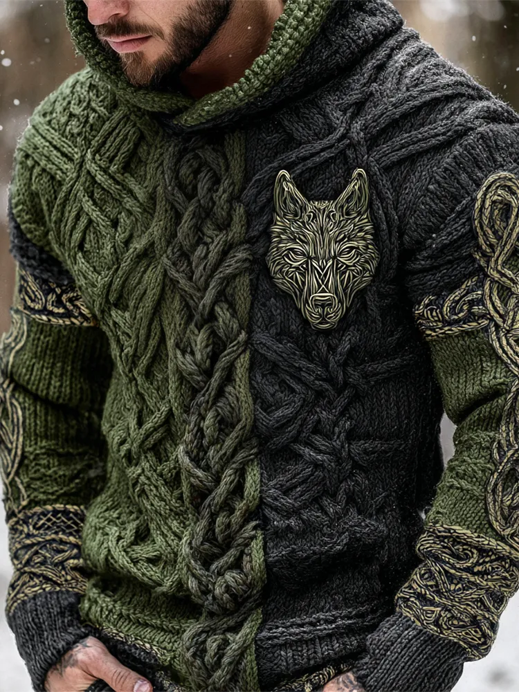 Viking Hellhound Celtic Knot Contrast Color Art Men's Hooded Knit Sweater