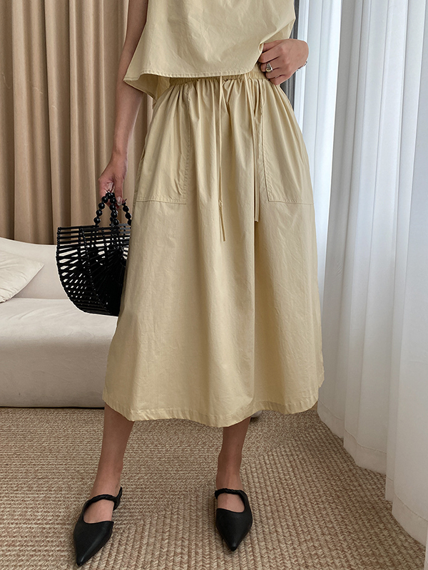 Solid Color Round-Neck Vest + High Waisted  Skirt Two Pieces Set