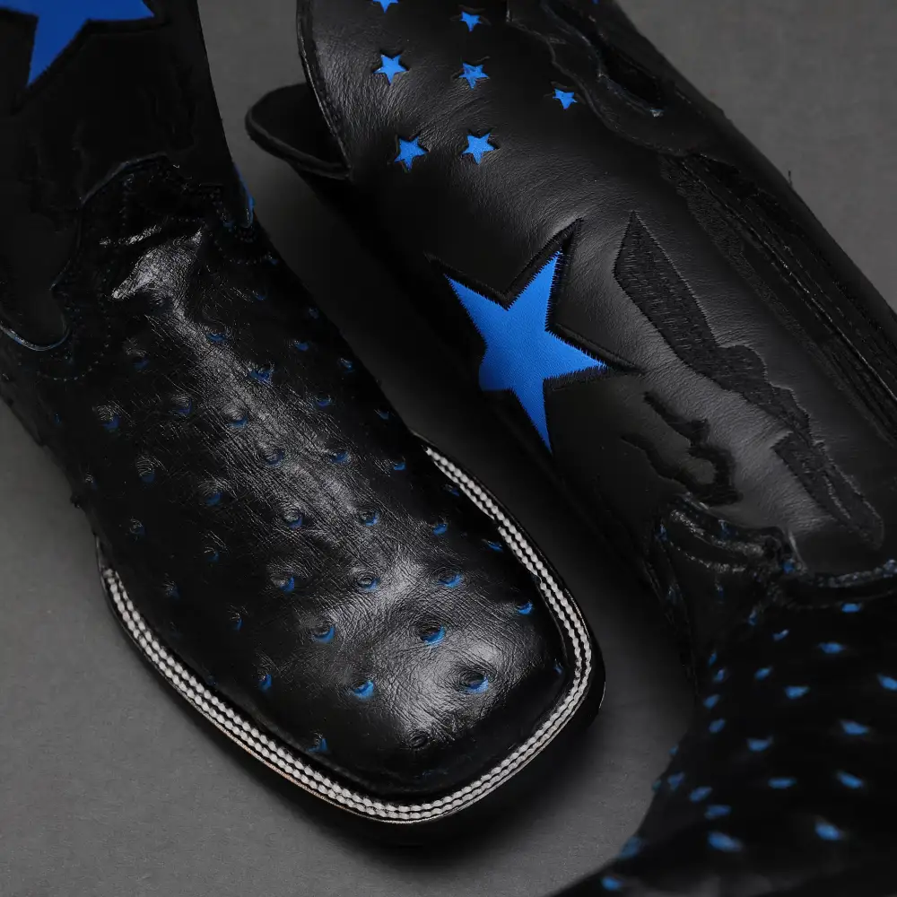 Black/Blue Ostrich Leather Boots - Square Toe