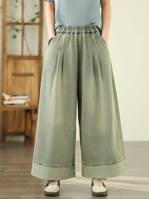 Elasticity Pleated Pockets Loose Wide Leg Trousers Jean Pants Bottoms