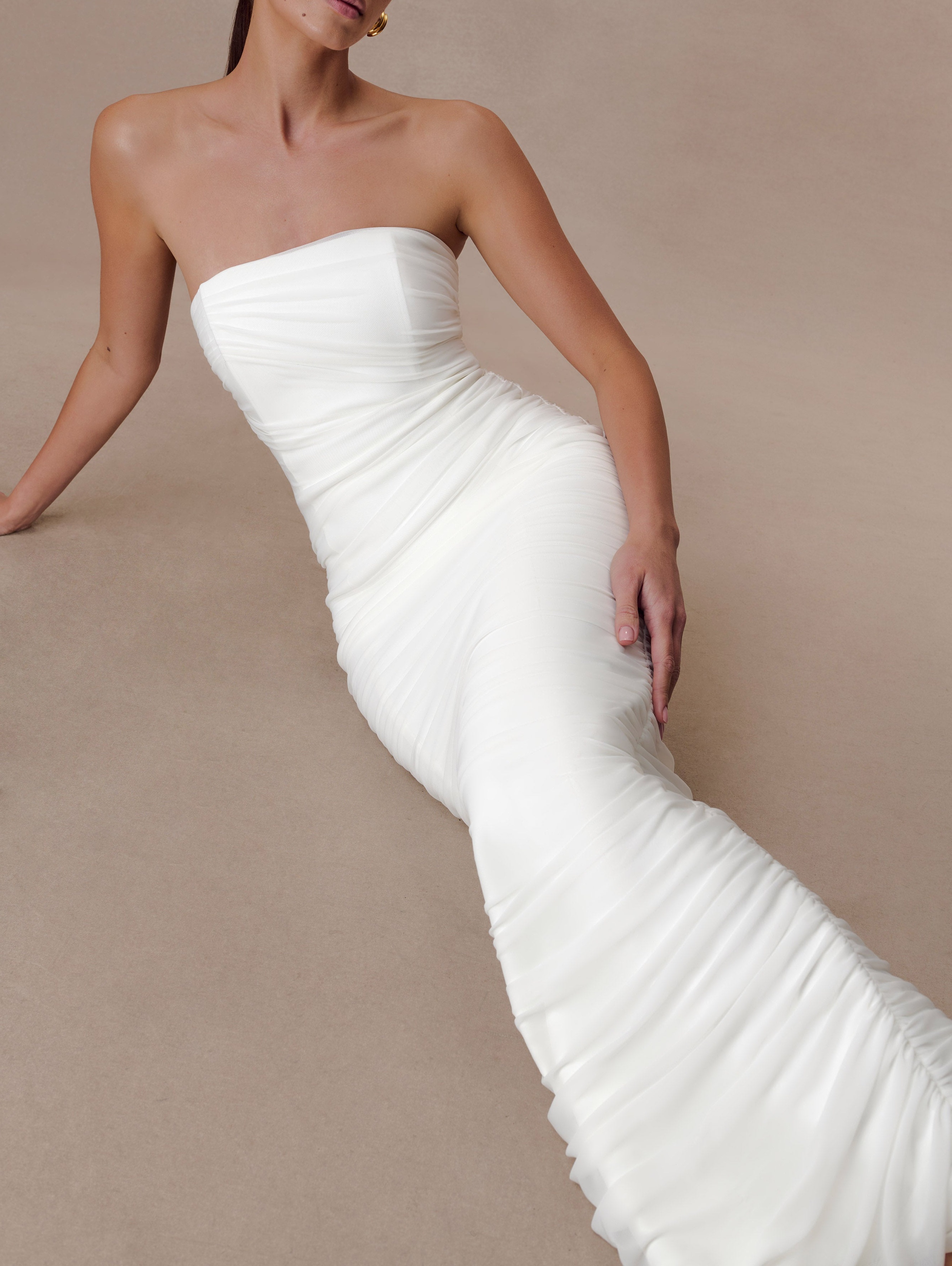 Ivory Strapless Mesh Maxi Dress