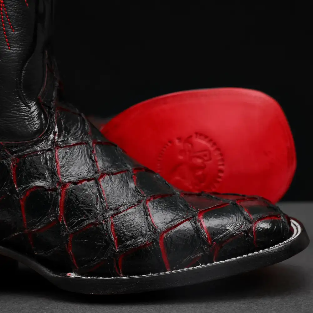 Black/Red TBR Pirarucu Leather Boots - Square Toe