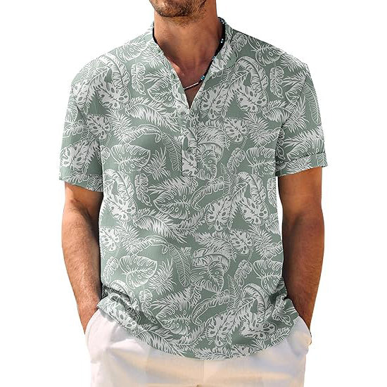 Men's Casual Henley Shirt Band Collar Short Sleeve Shirt Summer Beach Hippie T-Shirt
