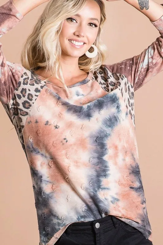 Tie Dye Distressed Knit Top with Leopard Shoulder