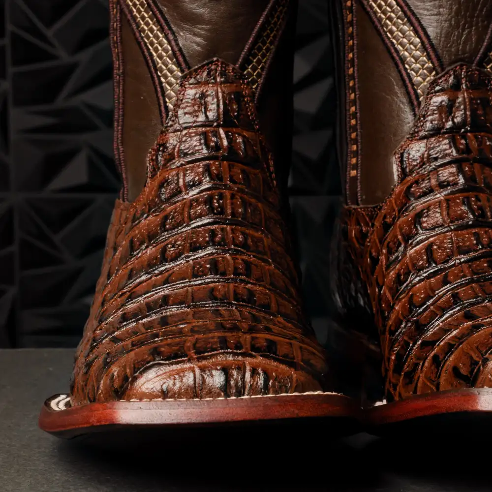 Brown Caiman Hornback Leather Boots - Square Toe