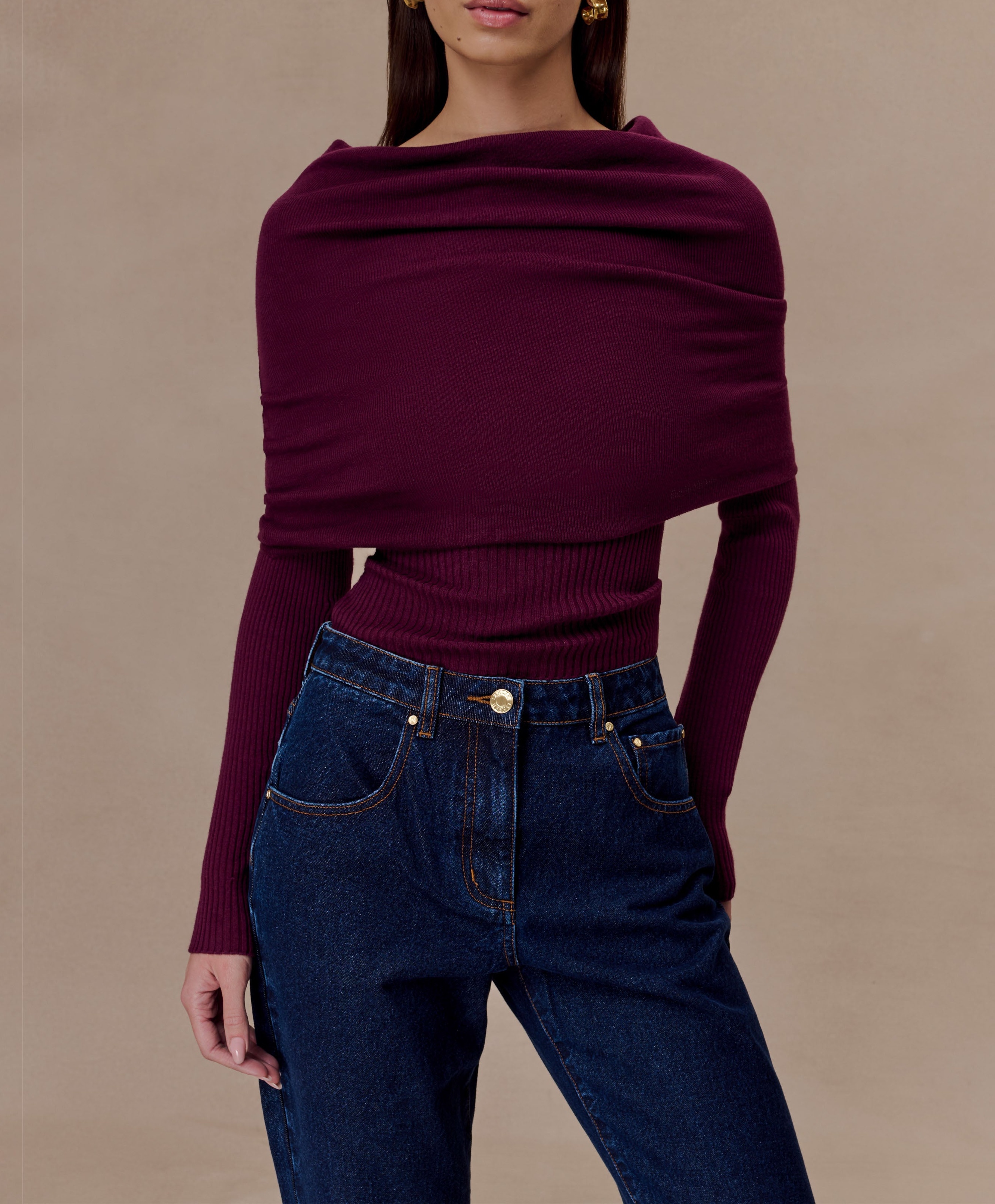 Plum Asymetrical Cashmere Blend Long Sleeve Knit Top