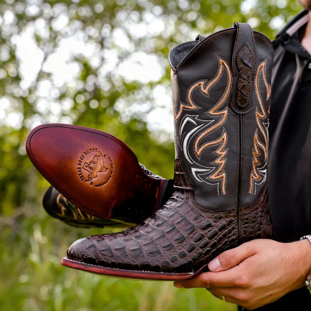 Chocolate Brown Caiman Hornback Leather Boots - Round Toe