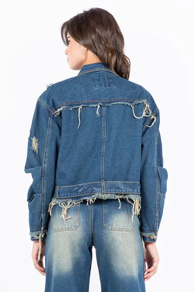 Full Size Distressed Frayed Edge Zip Up Denim Jacket