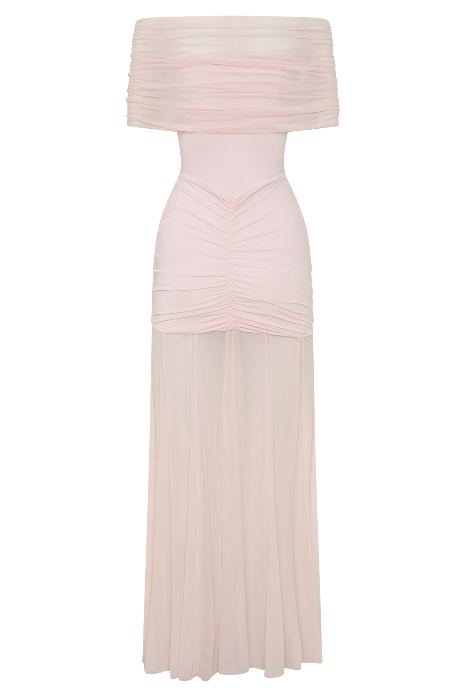 Pink Slinky And Mesh Off Shoulder Maxi Dress