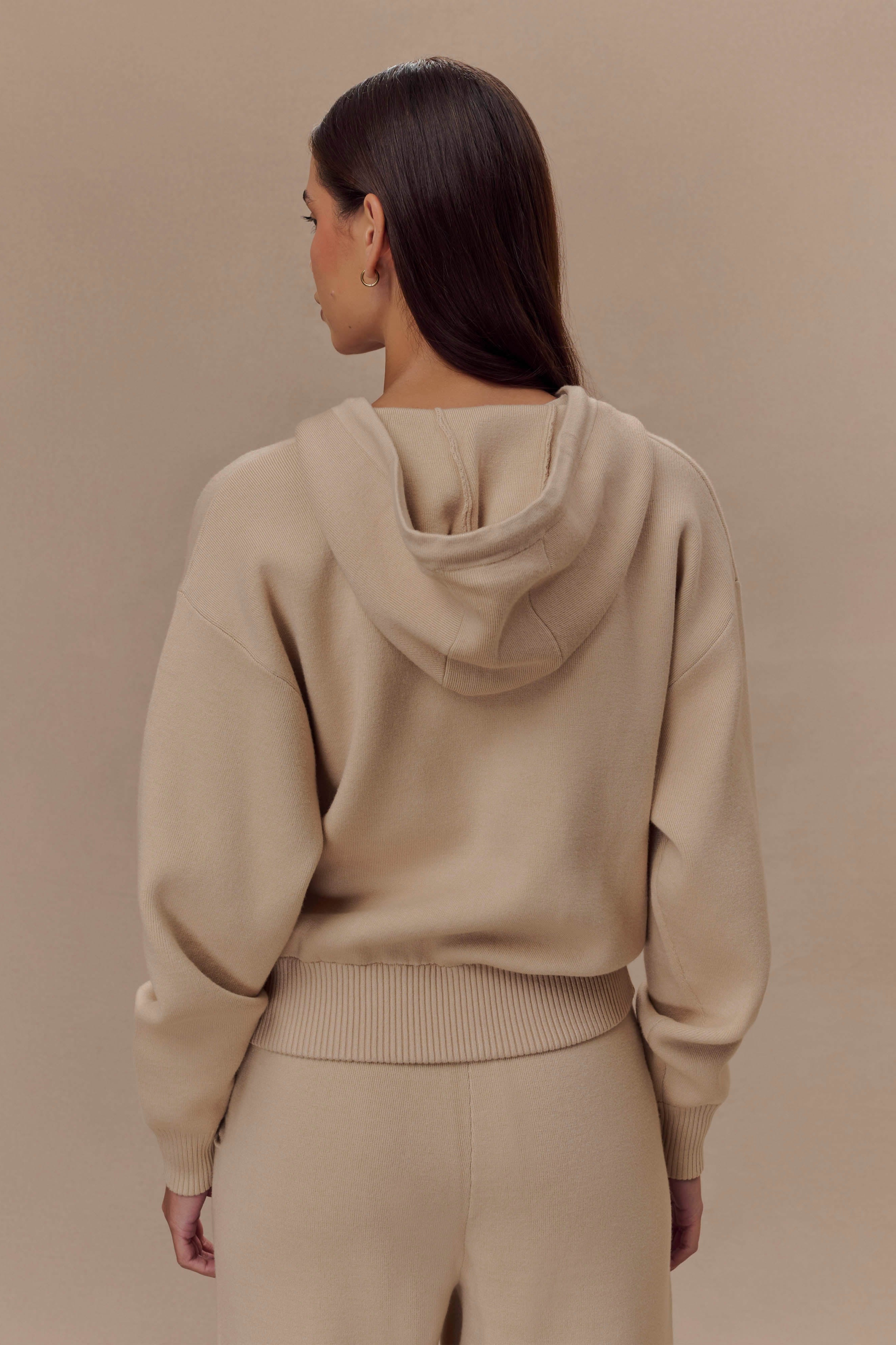 Camel Zip Front Knit Hoodie