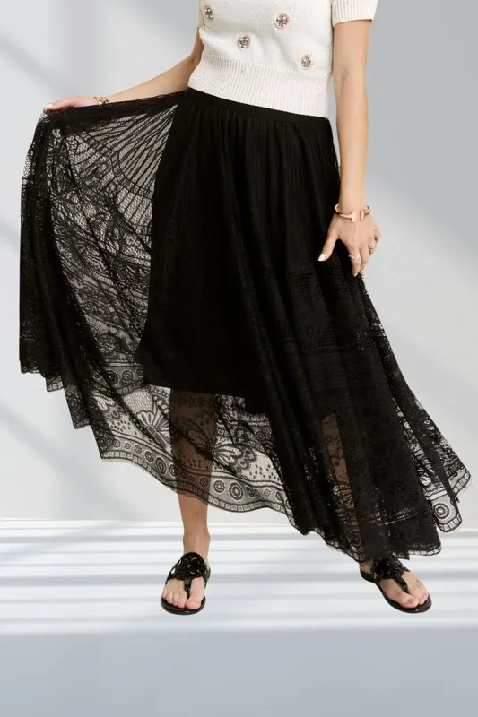 Elastic Waist Raw Hem Lace Maxi Skirt
