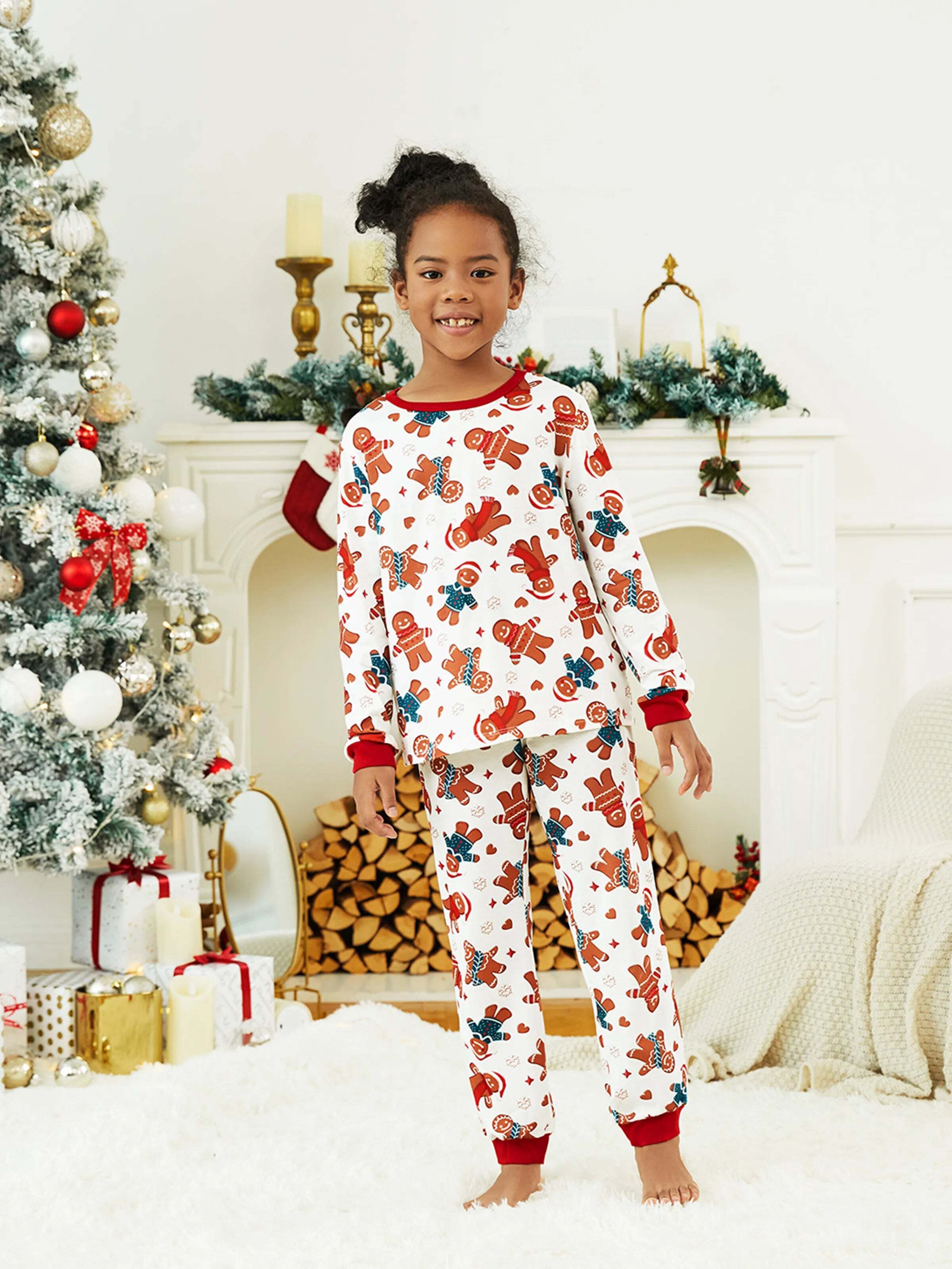 Christmas Family Matching Cartoon Gingerbread Man Allover Print Pajamas Sets with Christmas Socks White