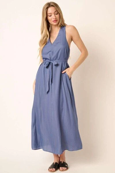 Cross Back Belted V Neck Tank Maxi Dress