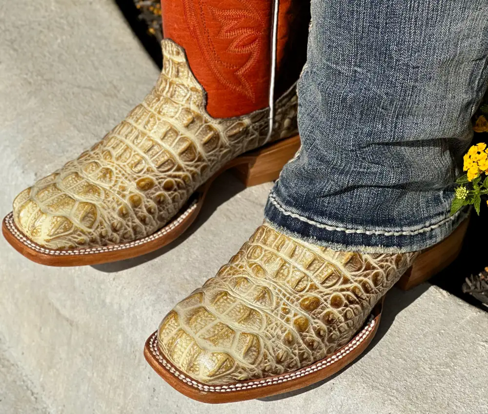 Men’s Bone Crocodile Leather Boots With Orange  Shaft