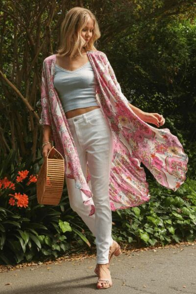 Elegant Mixed Print Open Front Kimono with Ruffle Sleeves