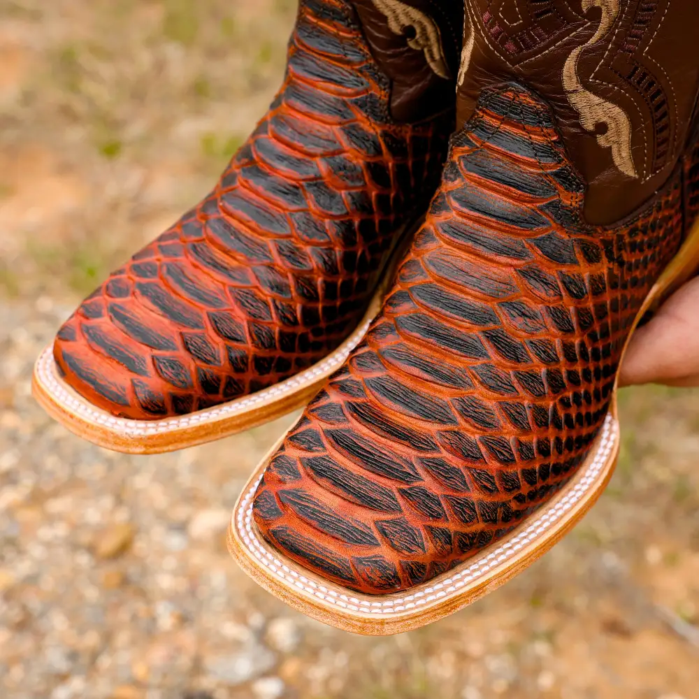 Rustic Cognac Anaconda Leather Boots - Square Toe