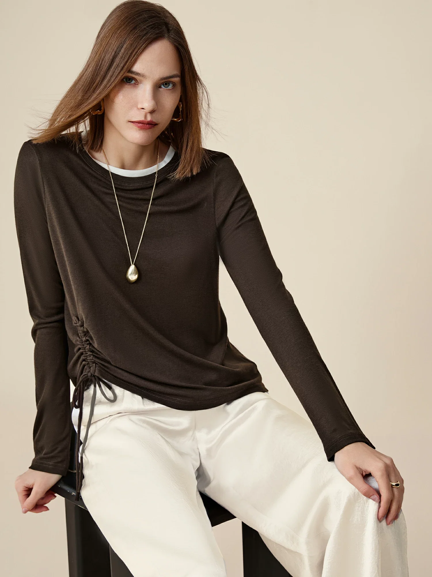 Lyocell & Wool Round Neck Long Sleeve Drawstring T-Shirt