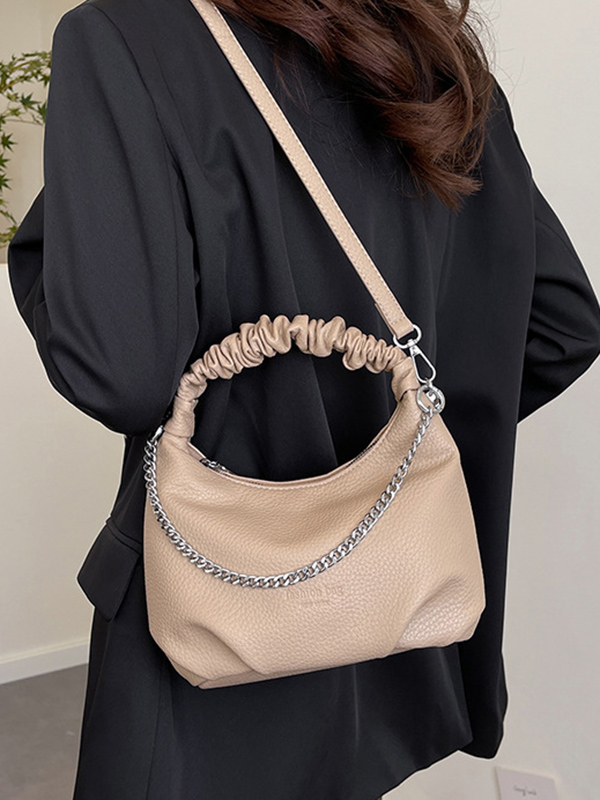 Chains Pleated Solid Color Zipper Handbags Crossbody Bags