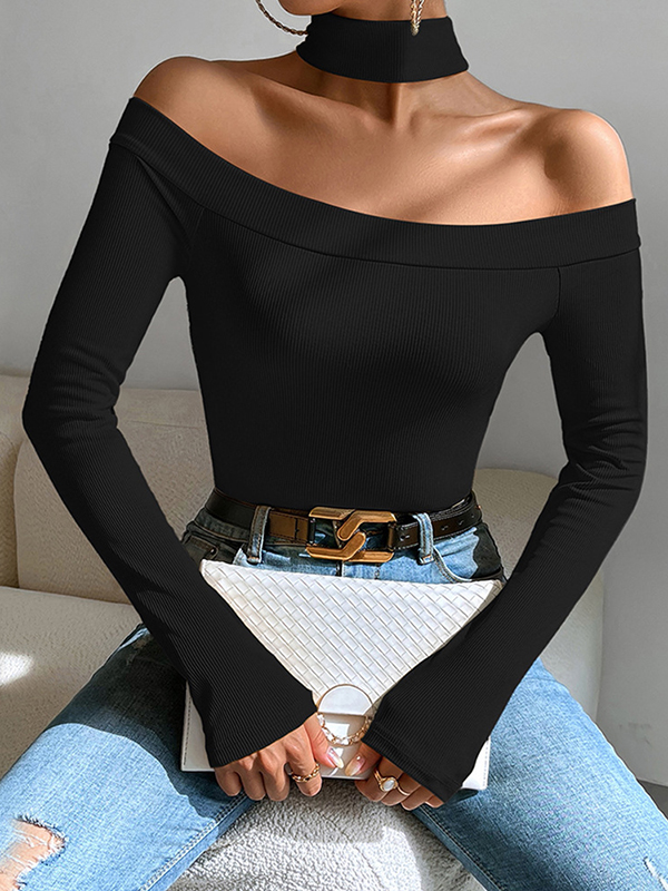 Solid Color Long Sleeves Skinny Off-The-Shoulder T-Shirts Tops