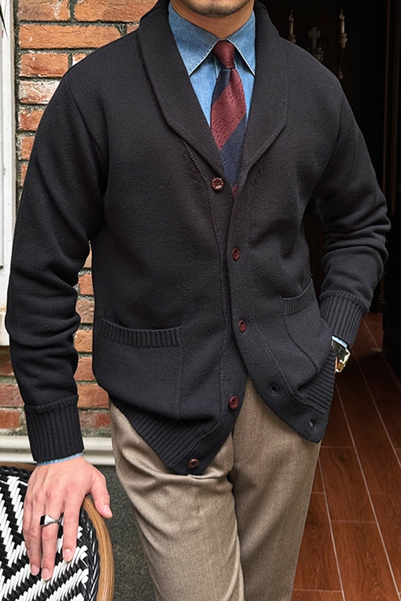 Men's Black Warm Shawl Collar Cardigan
