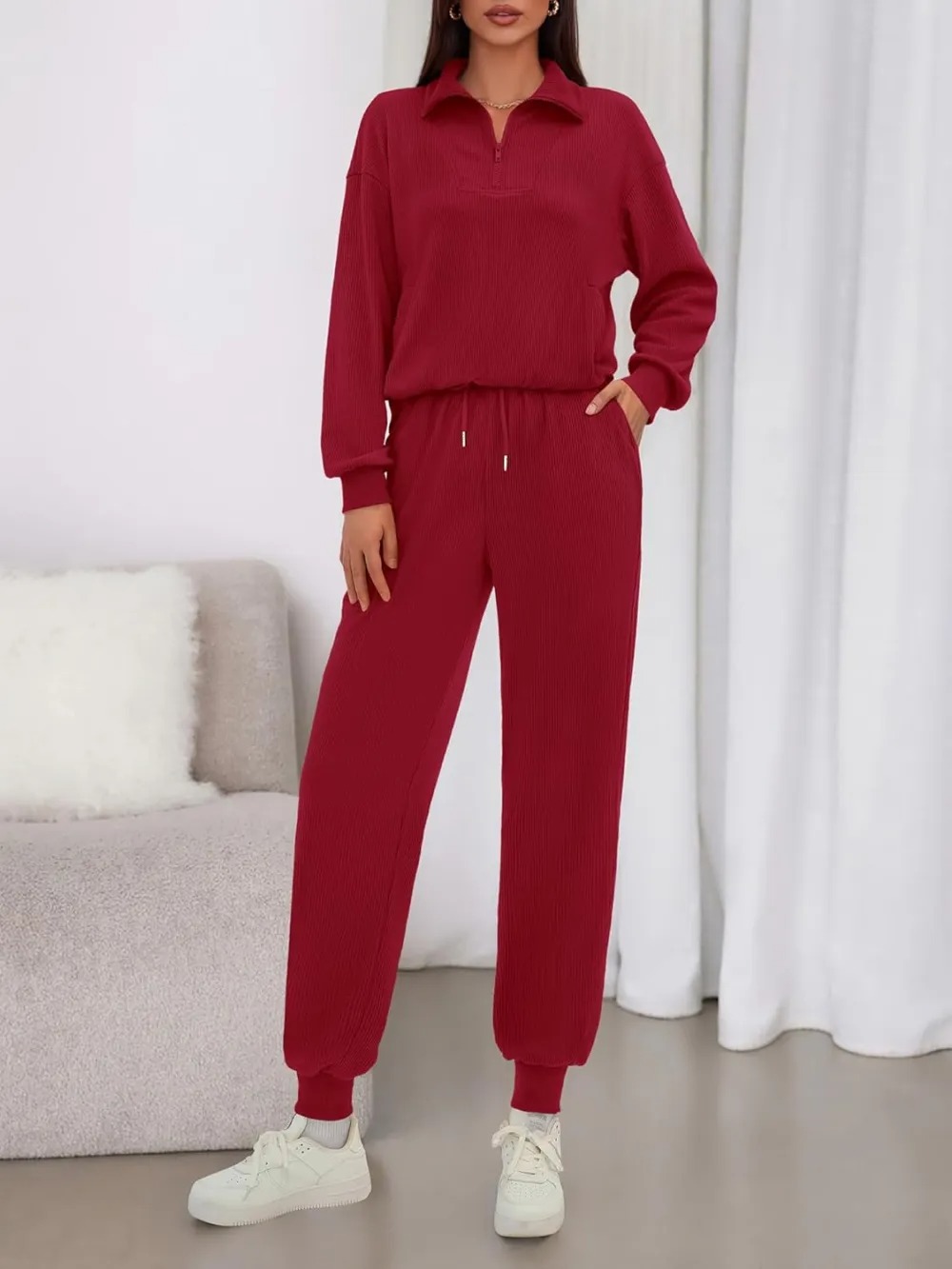 Women's Long Sleeve Half Zip Sweatshirt Sweatpants Lounge Set Sweatsuits with Pockets