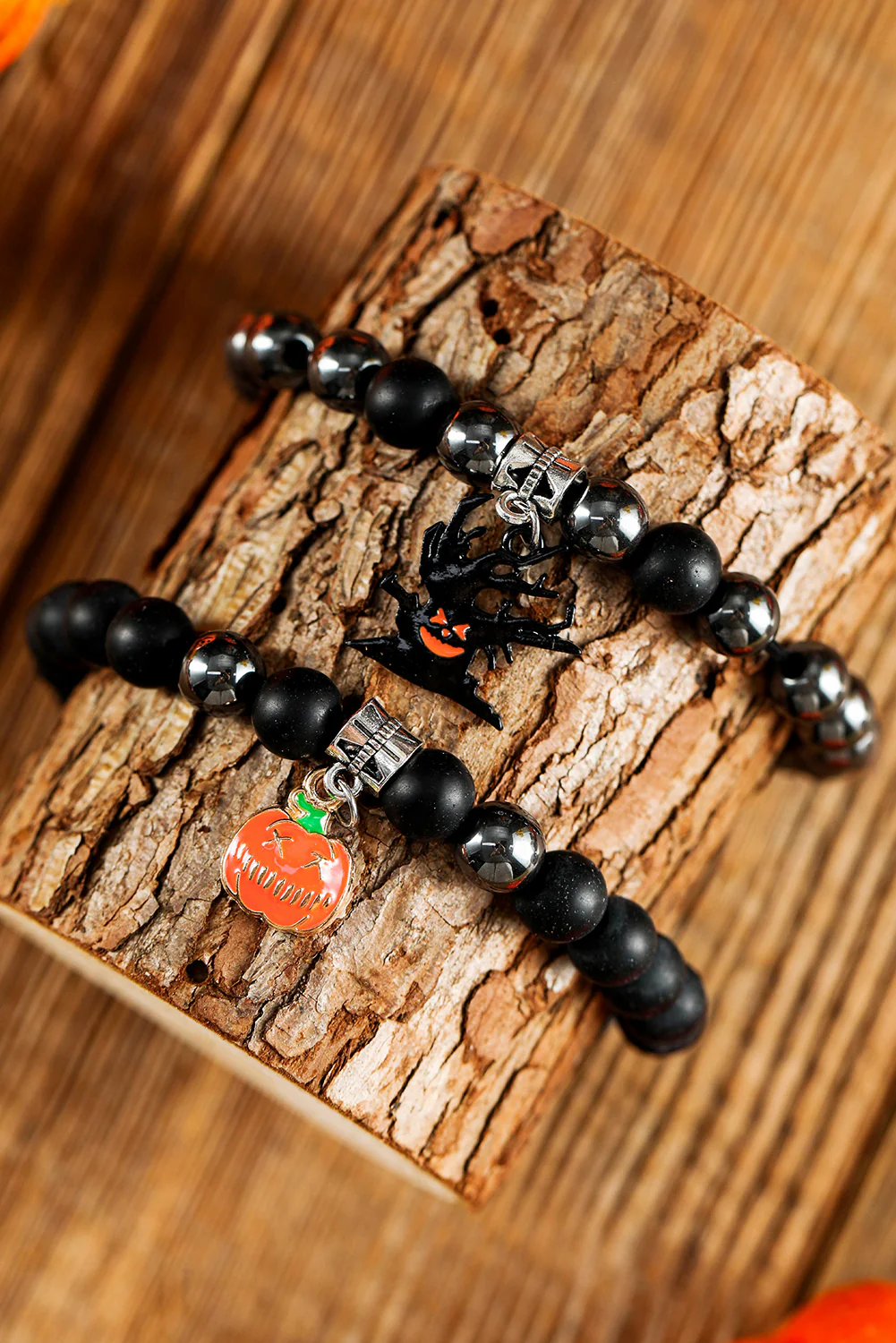 Black Halloween Pumpkin Ghost Pendant Beaded Layered Bracelet Set