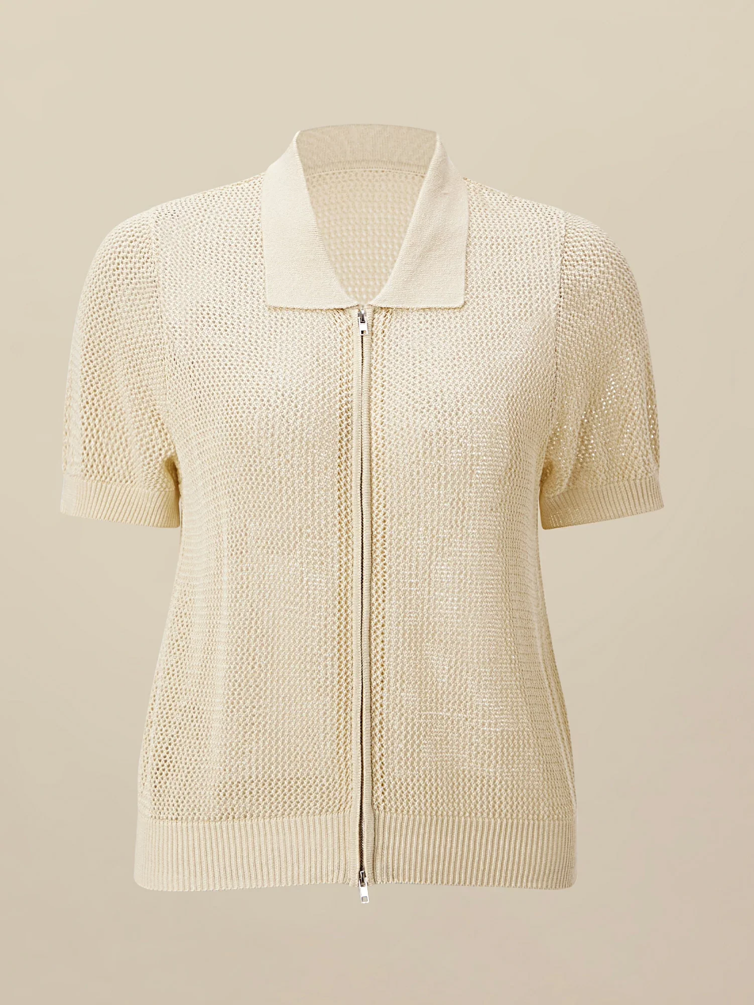 Linen & Lyocell V-Neck Short Sleeve Zipper Hollow Out Cardigan