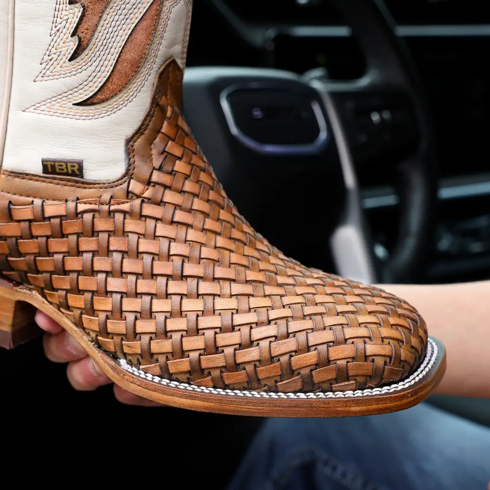Tan Basketweave Leather Boots - Square Toe