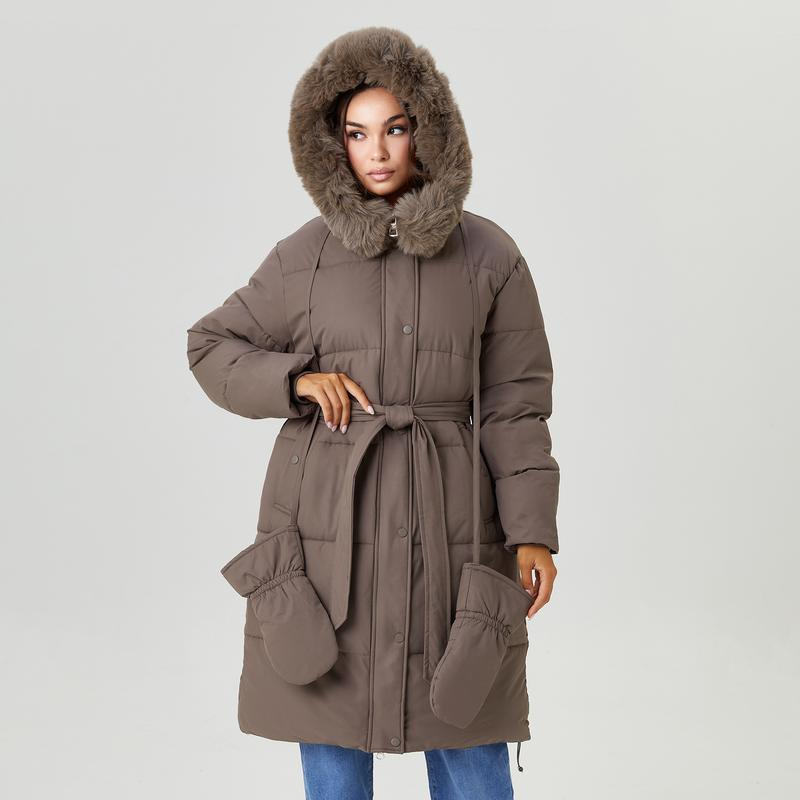 Women's Classy Solid Color Fluffy Hooded Waist Tie Zipper Thermal Long Outerwear with Gloves