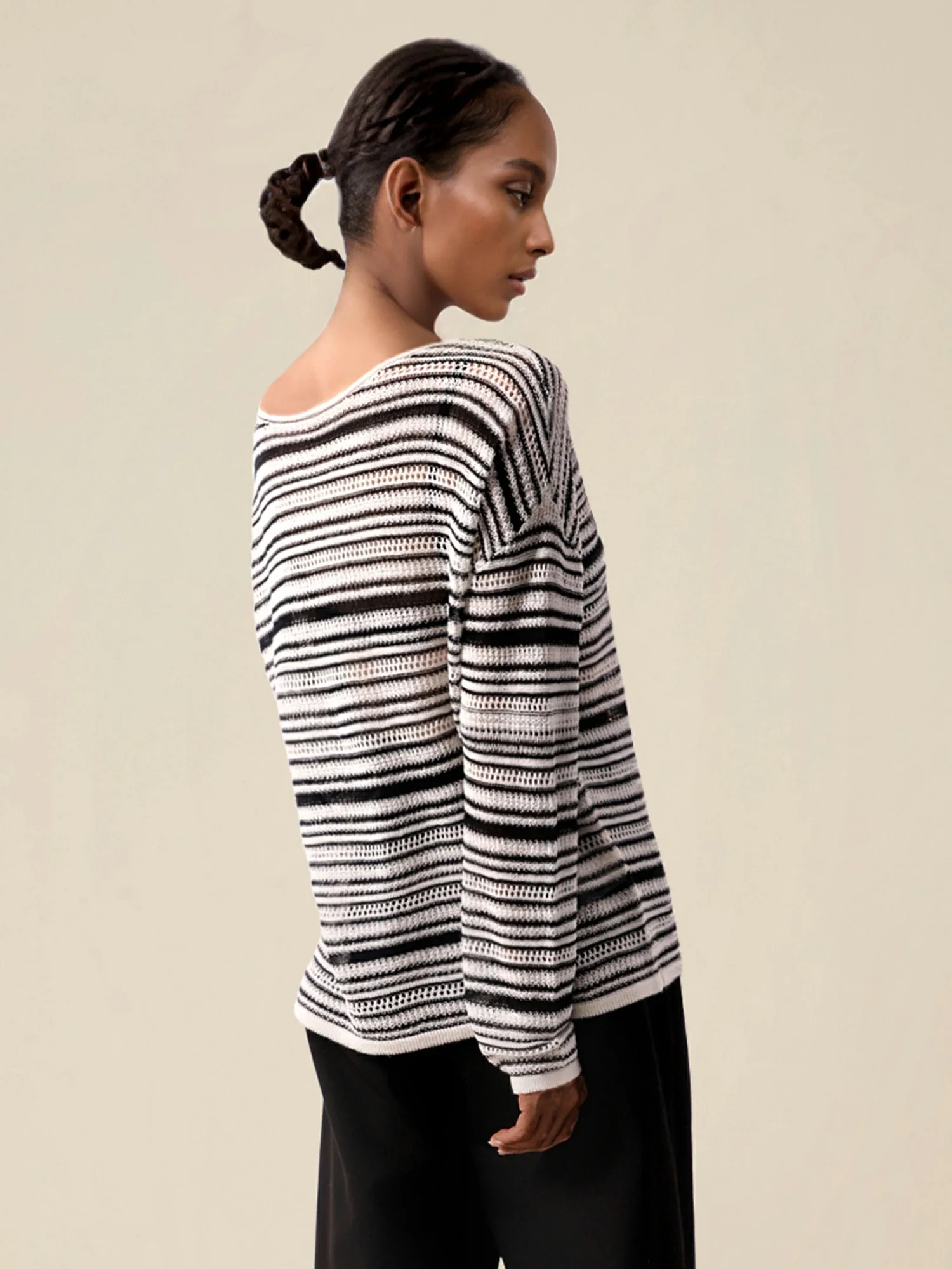 Lyocell & Silk Boat Neck Long Sleeve Striped Top