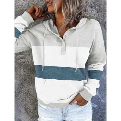 Womens Hooded Button Collar Drawstring Hoodies Pullover Sweatshirts