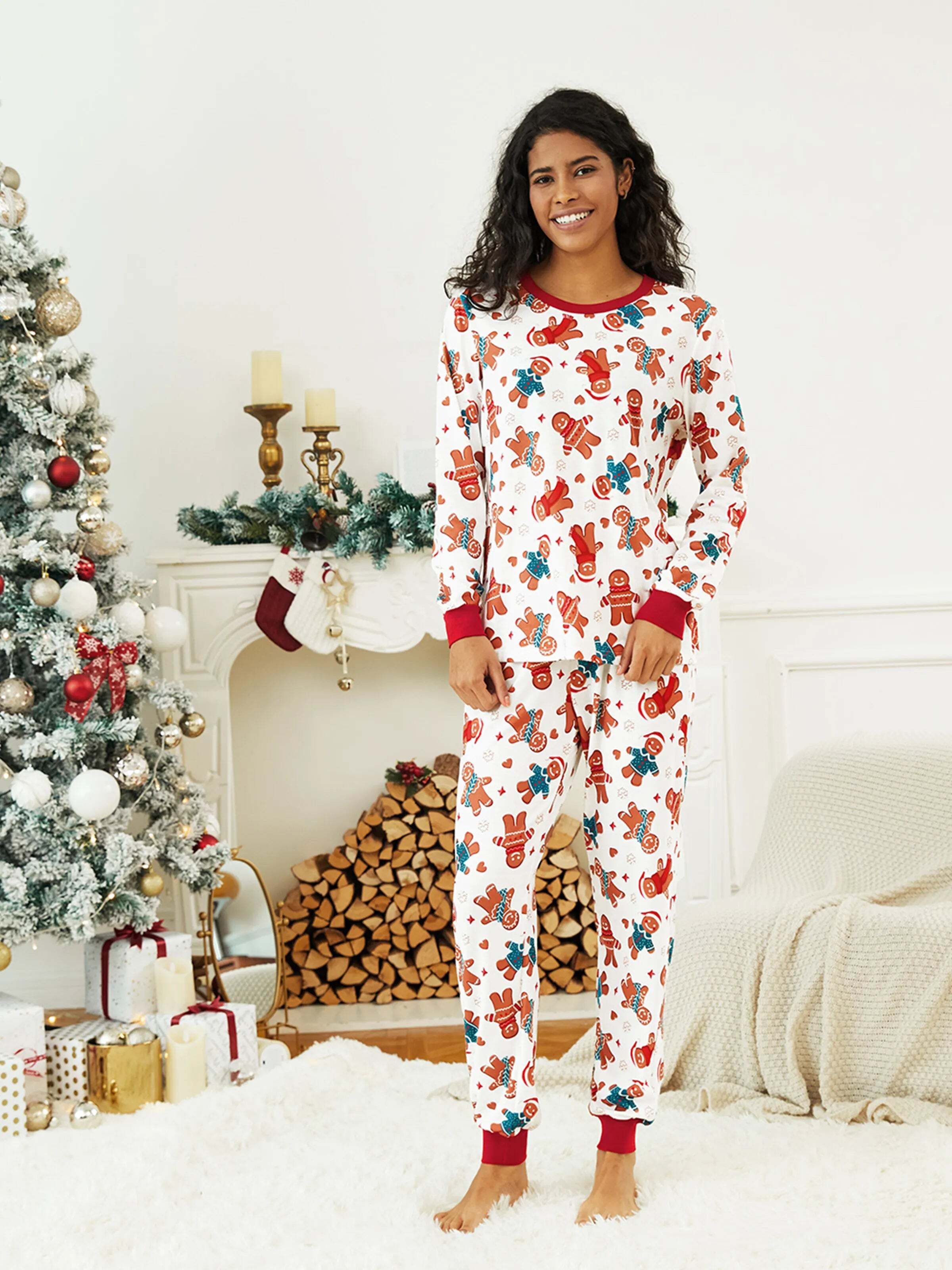 Christmas Family Matching Cartoon Gingerbread Man Allover Print Pajamas Sets with Christmas Socks White
