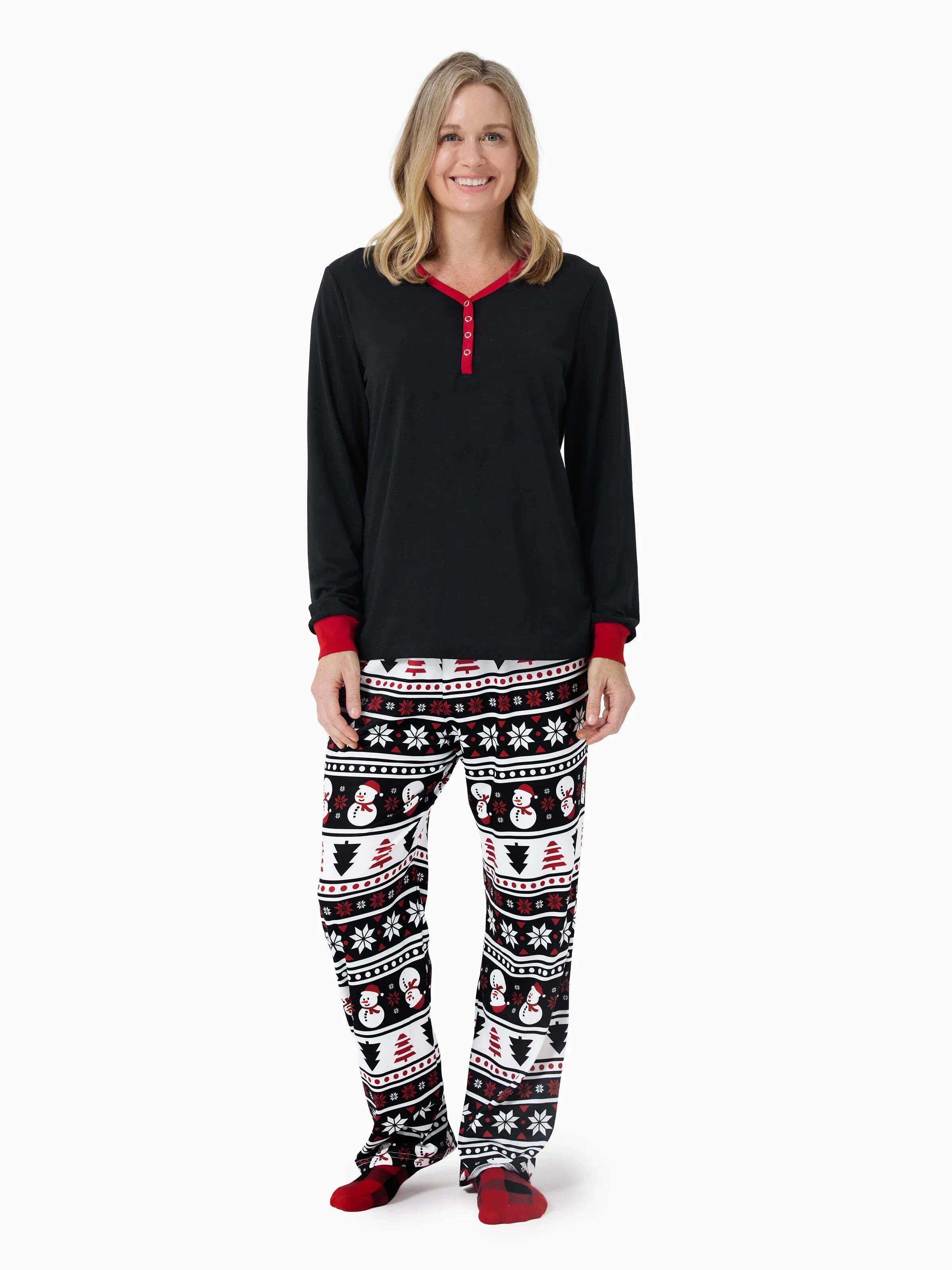 Christmas Matching Family Pajamas Set Snowman and Christmas Tree Print Black PJS with Christmas Socks Black