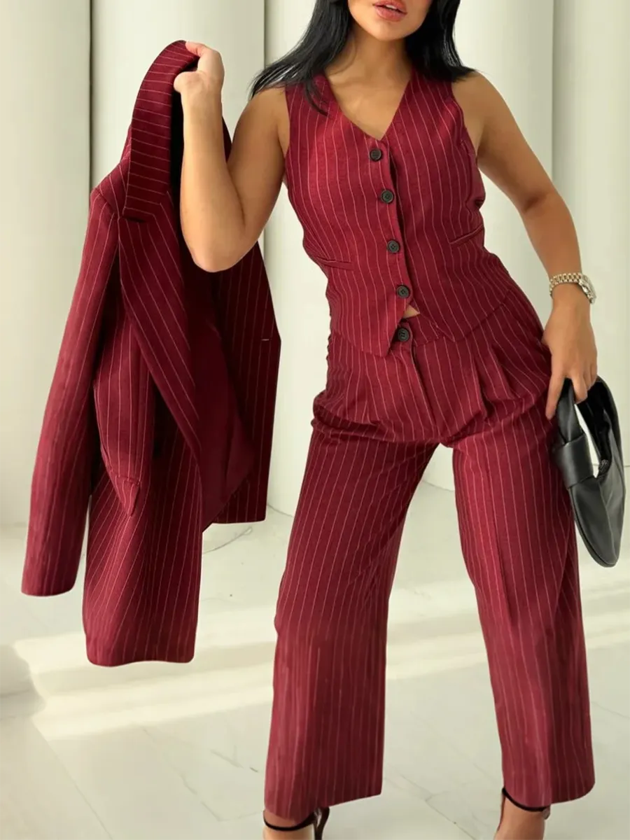 🌟Women'S Striped Casual Suit Jacket, Vest And Pants 3-Piece Set 5sets Only $24!💥