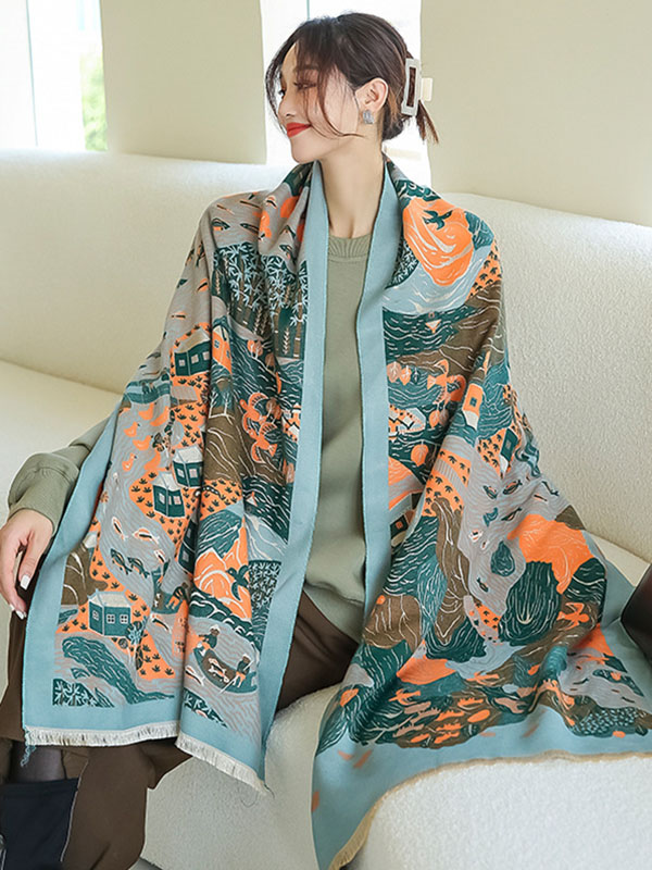 Vintage Printed Tasseled Shawl&Scarf