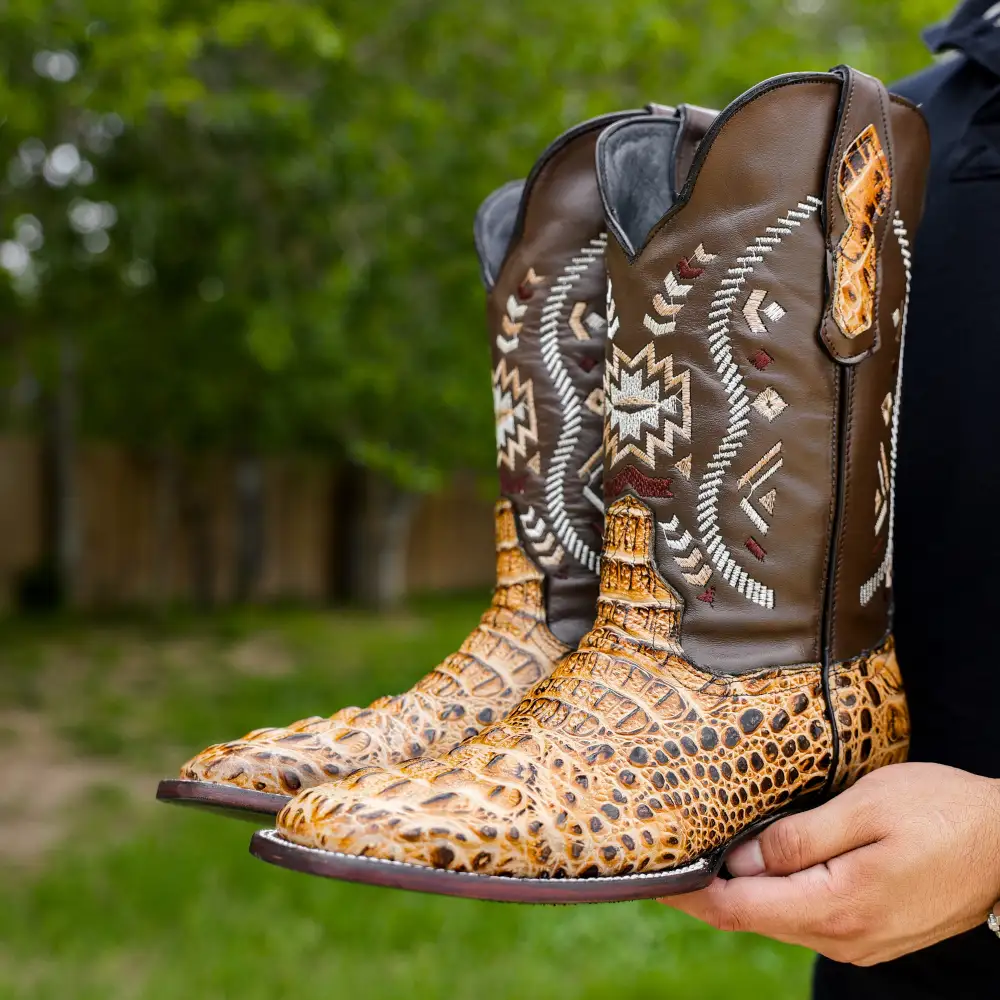 Bone Caiman Neck Leather Boots - Square Toe
