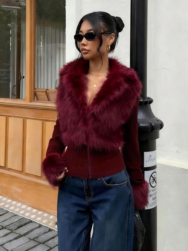 Women's Fashion Street Style Patchwork Knit Faux Fur Jacket, Zipper Long Sleeve Coat, Fall & Winter Thick Fabric, Casual Wear