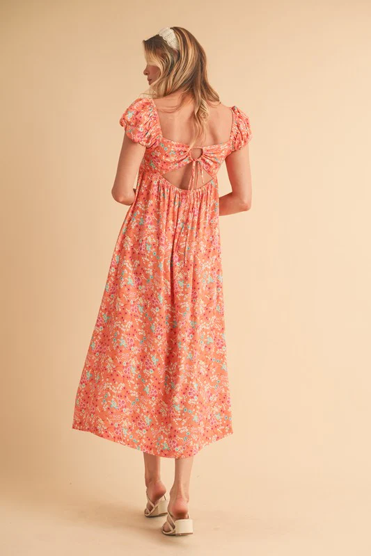 Cutout Back Floral Square Neck Puff Sleeve Midi Dress