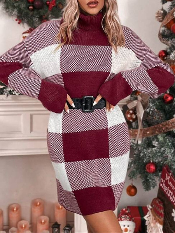 Contrast Color Plaid Long Sleeves Loose High Neck Sweater Dresses Mini Dresses