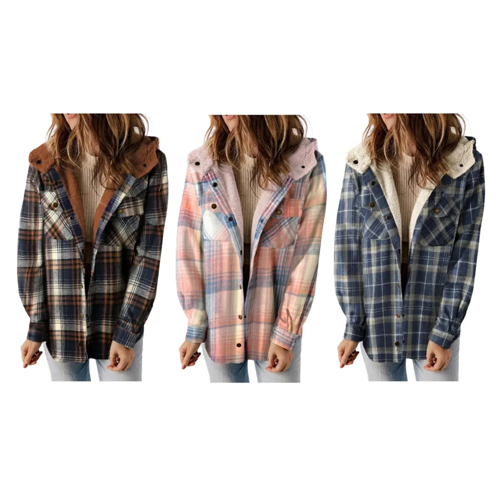 Women's Plaid / Houndstooth Print Button Front Hooded Coat