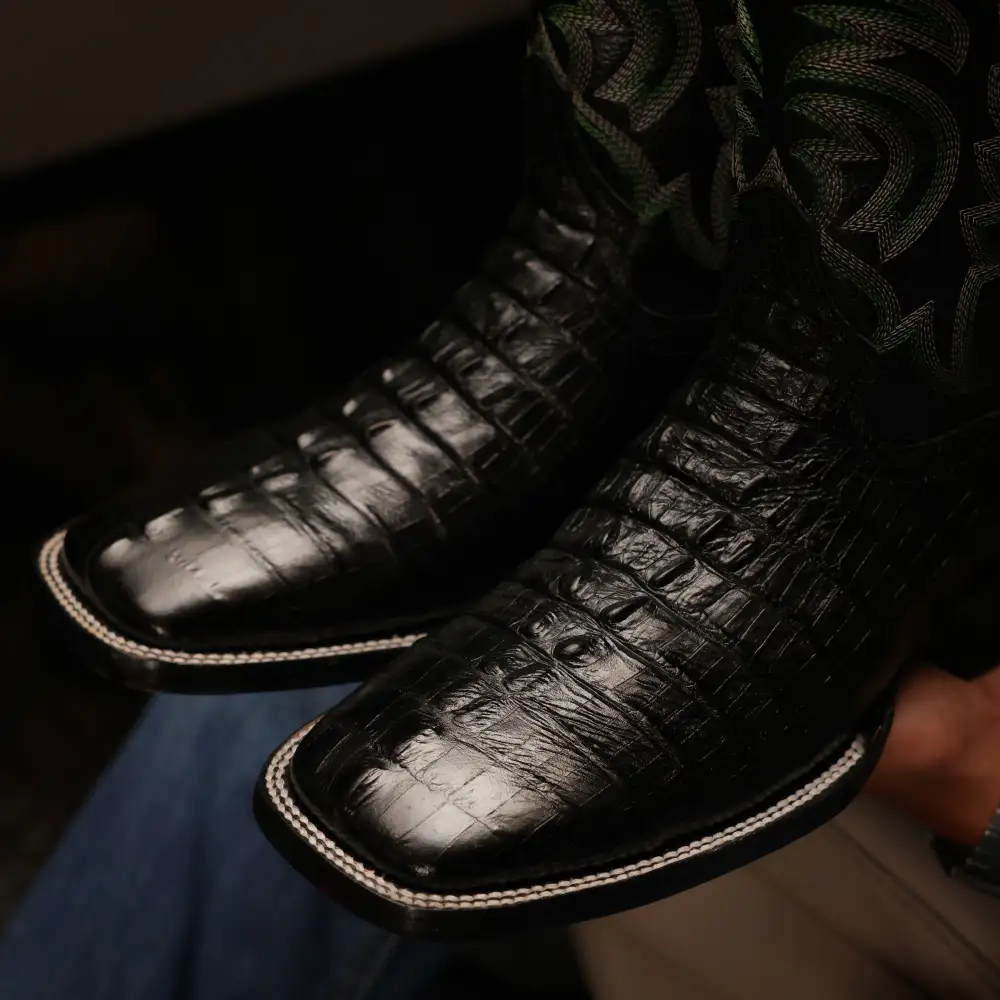 Black Caiman Leather Boots With Black Shaft - Square Toe
