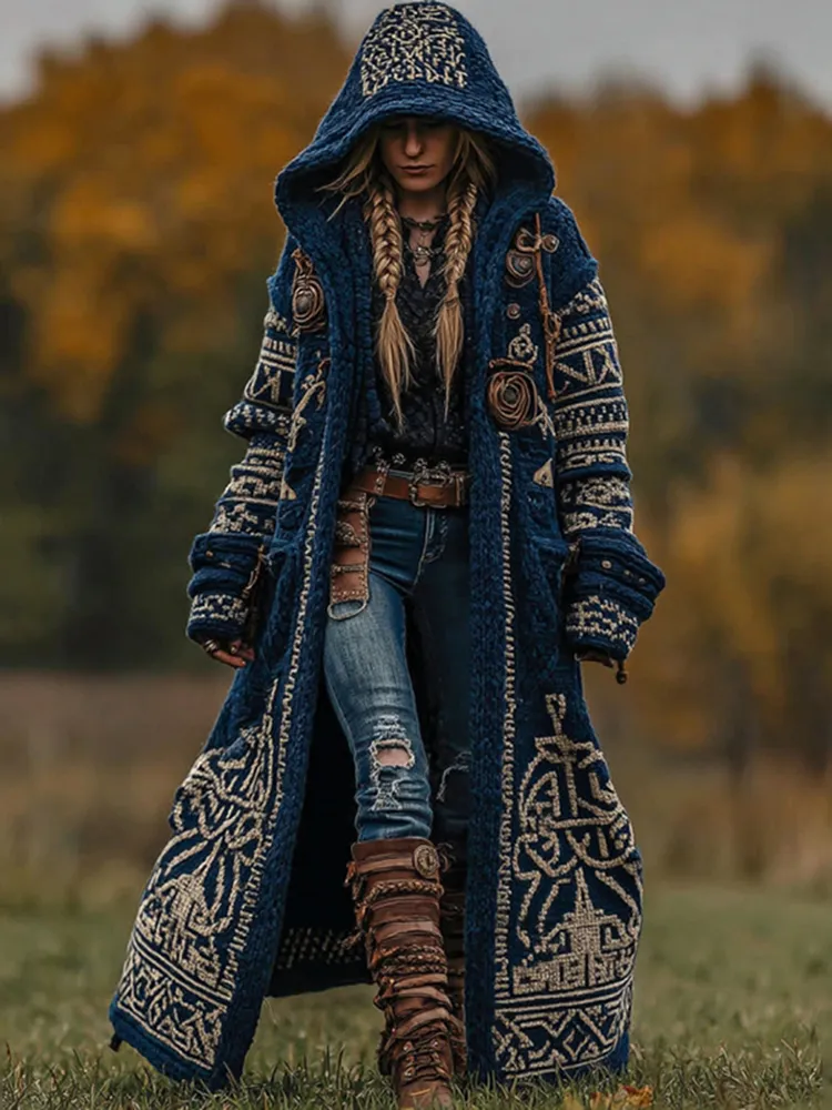 Women's Vintage Viking Celtic Knot Knit Cozy Long Sweater Jacket
