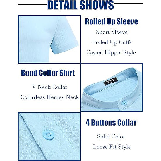 Men's Casual Henley Shirt Band Collar Short Sleeve Shirt Summer Beach Hippie T-Shirt