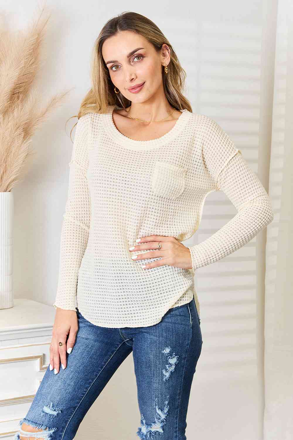 Full Size Scoop Neck Patch Pocket Top