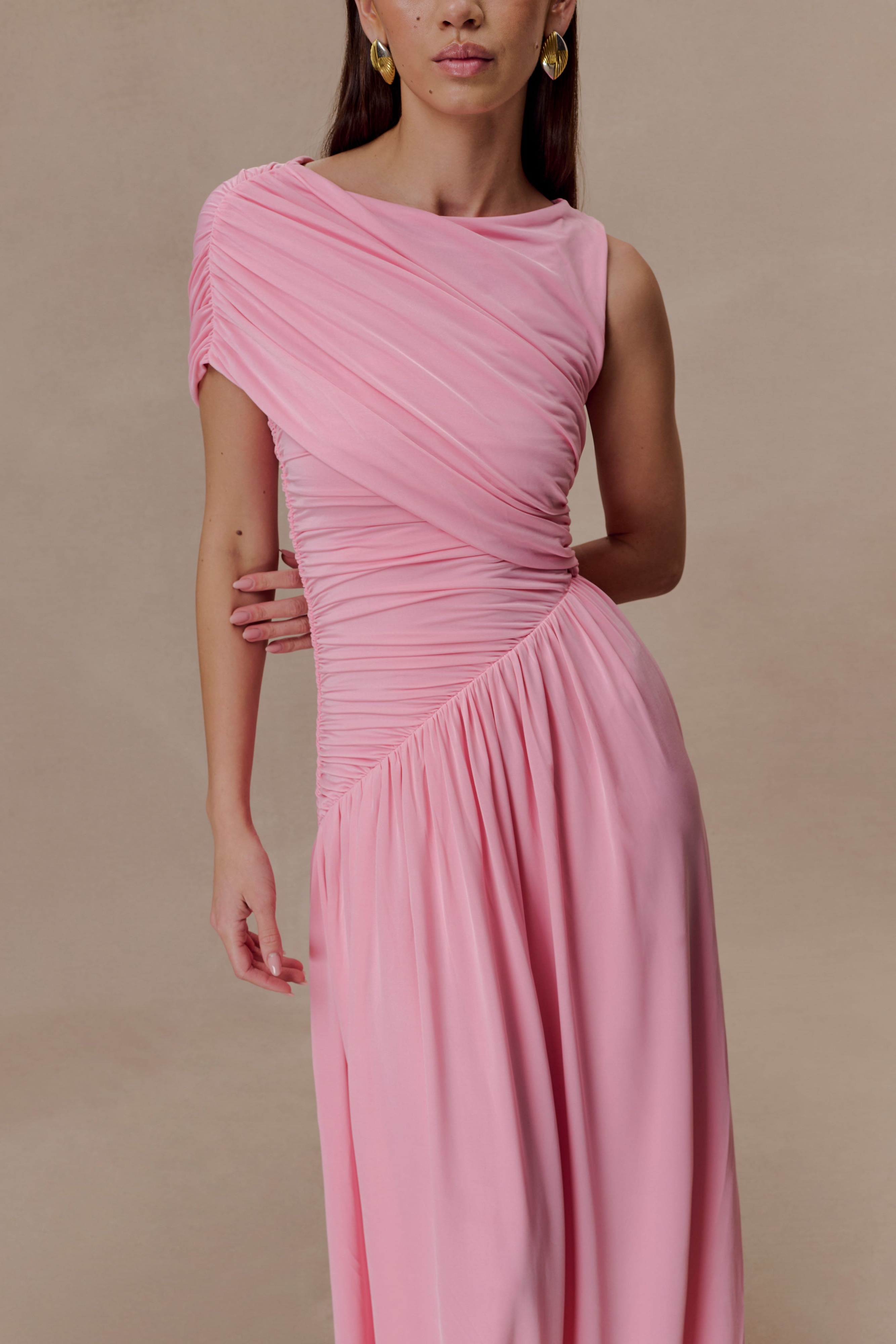 Pink Slinky Asymmetric Maxi Dress