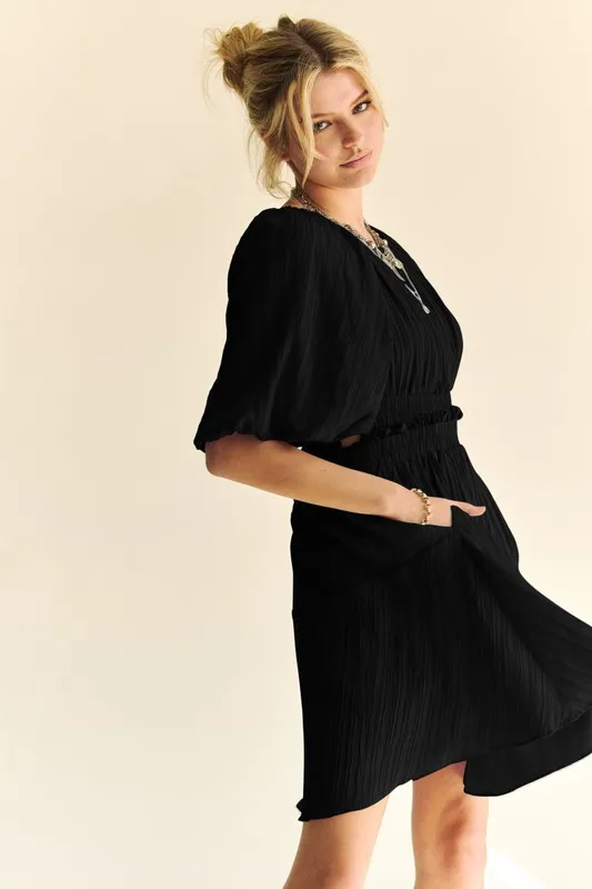 Back Button Puff Sleeve Mini Dress